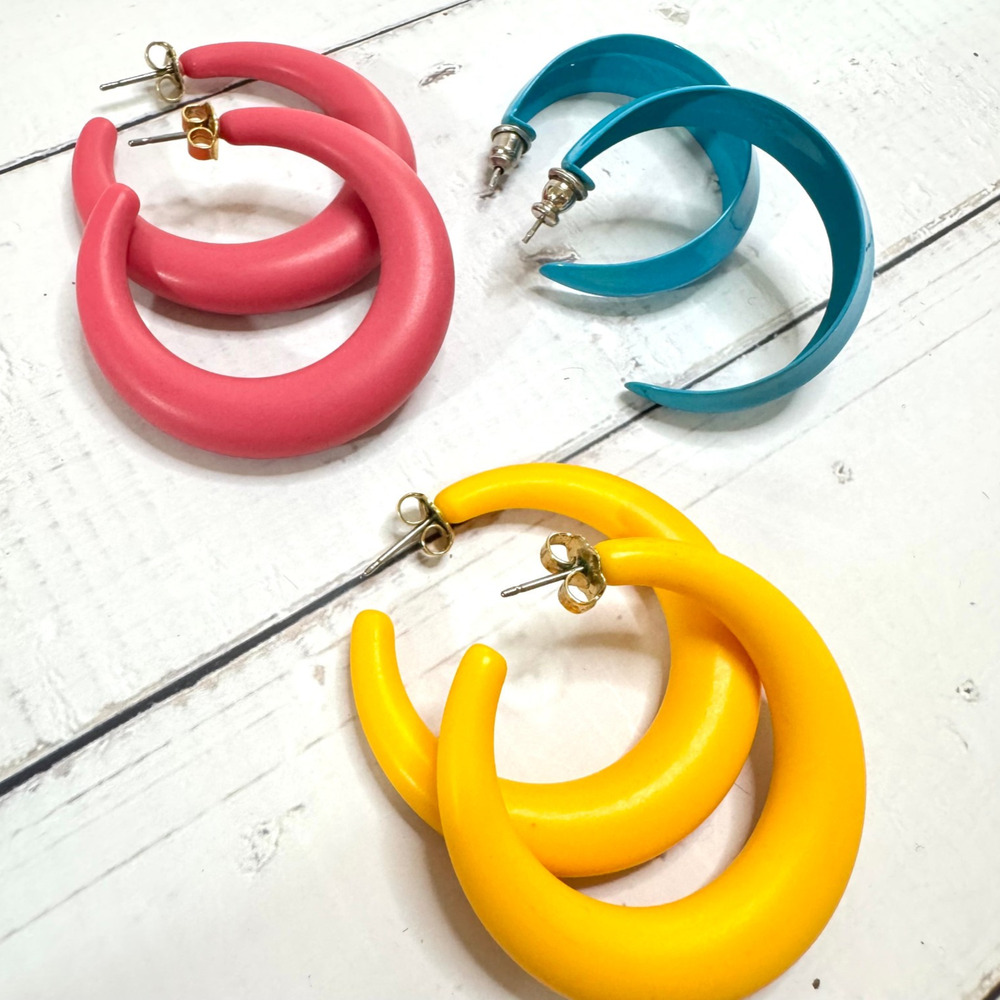 3 Pair 80s Hoop Earrings Bright Colorful Acrylic Pierced Pink Yellow Cyan Vtg